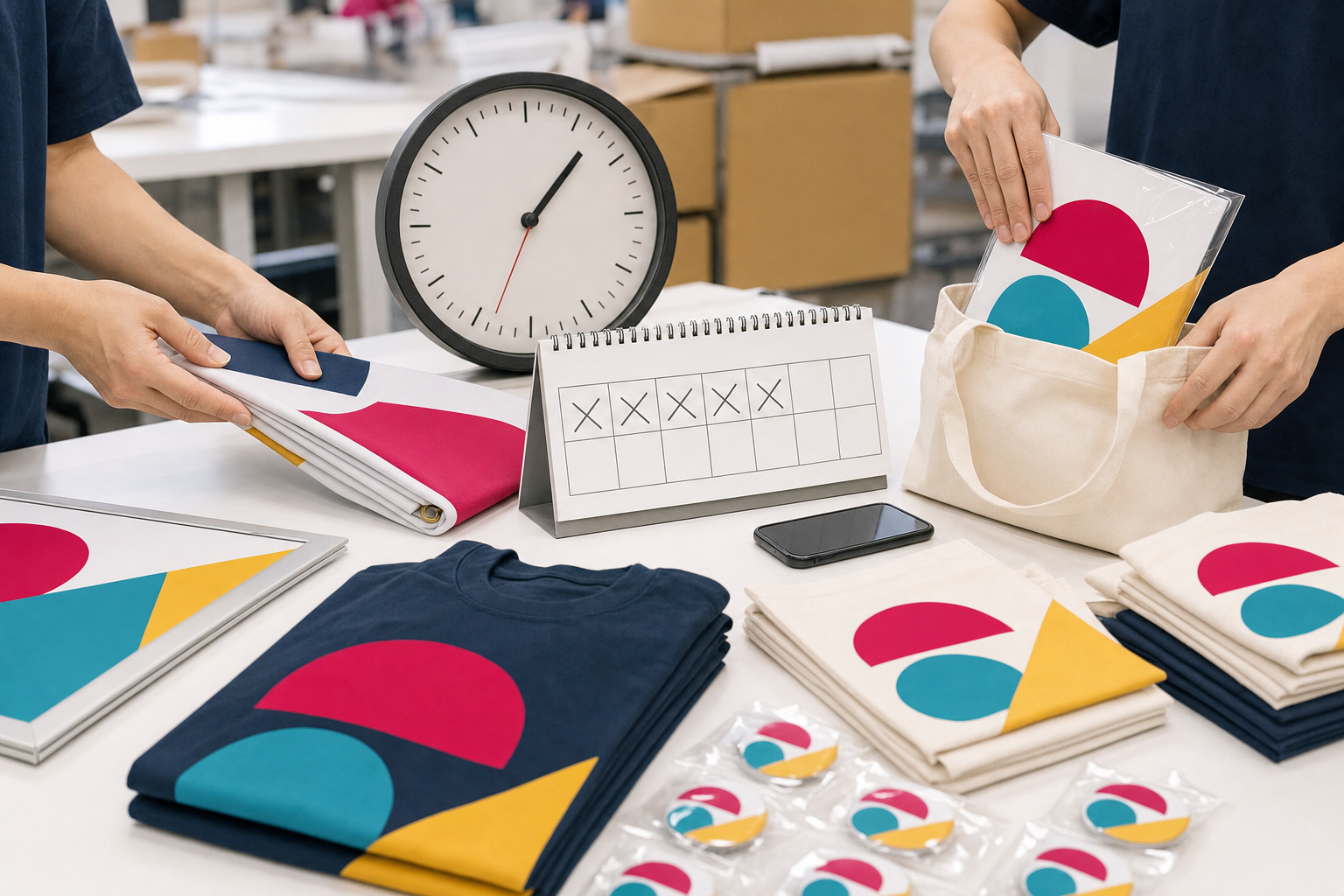 時計と予定表を確認しながら、イベント用品を急いで準備しているイメージ