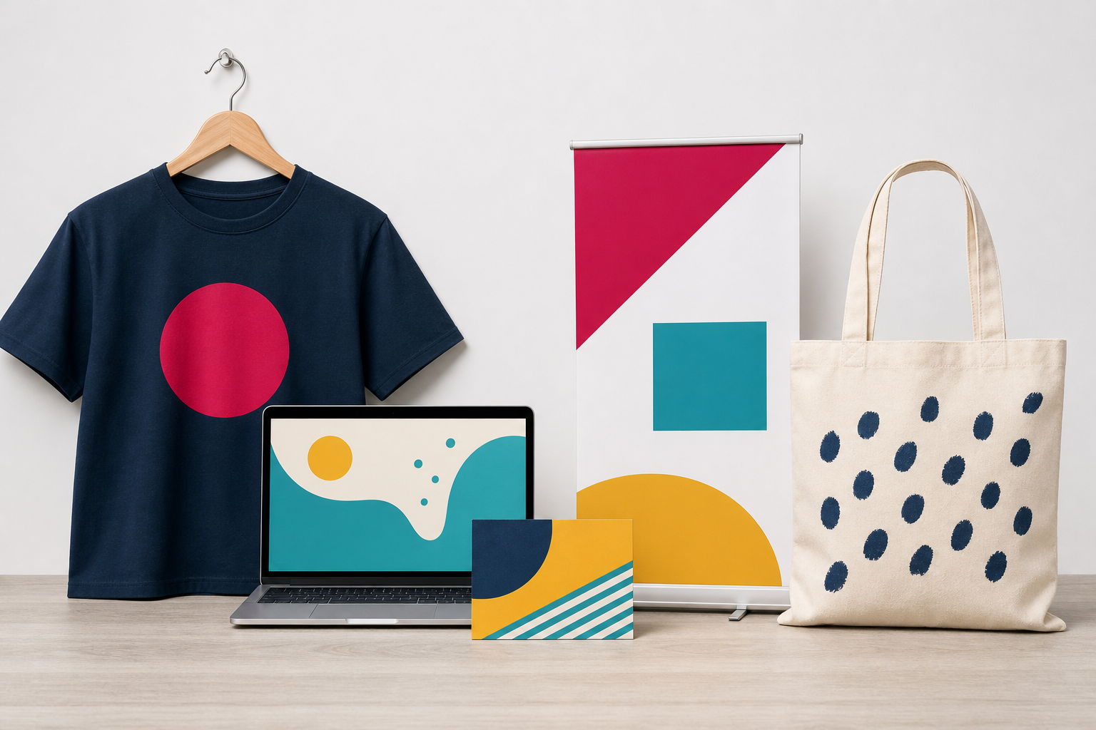 Tシャツ、のぼり、バッグ、Web画面の色やデザインが揃っていないイメージ