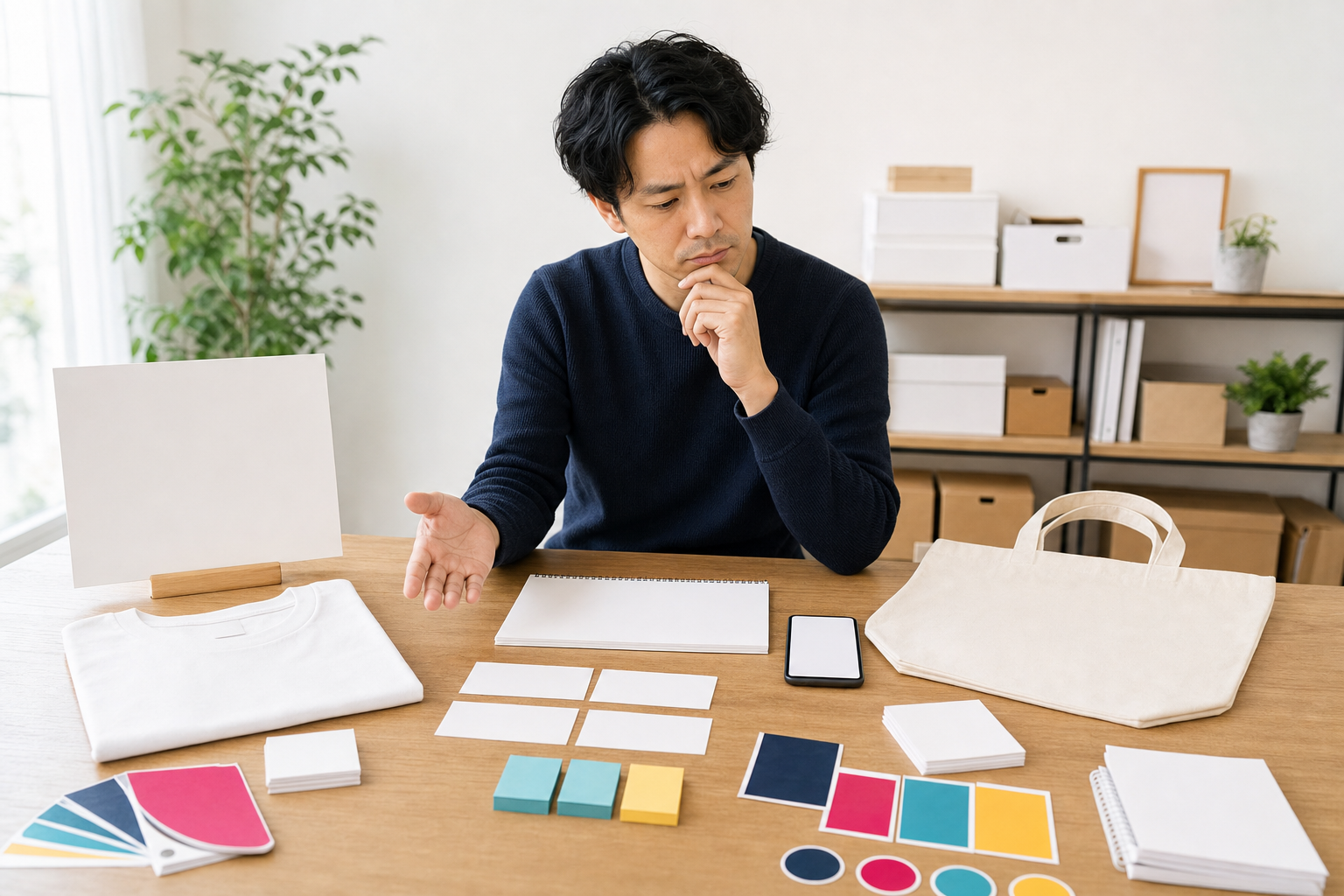 Tシャツ、看板、バッグ、スマートフォンなどの選択肢を前に迷っているイメージ
