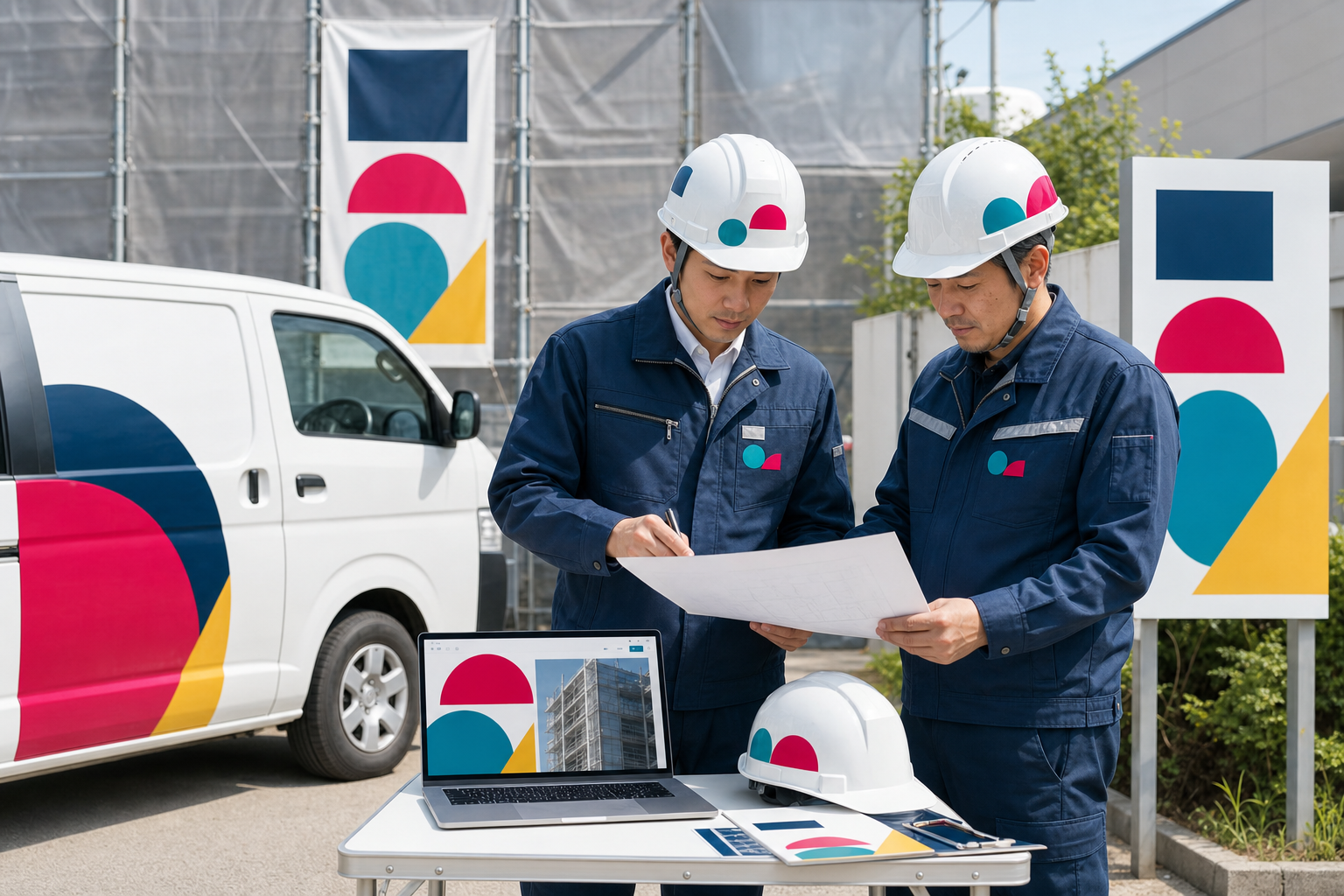 作業着、車両、現場看板、採用Webまで統一された建設会社のブランディングイメージ