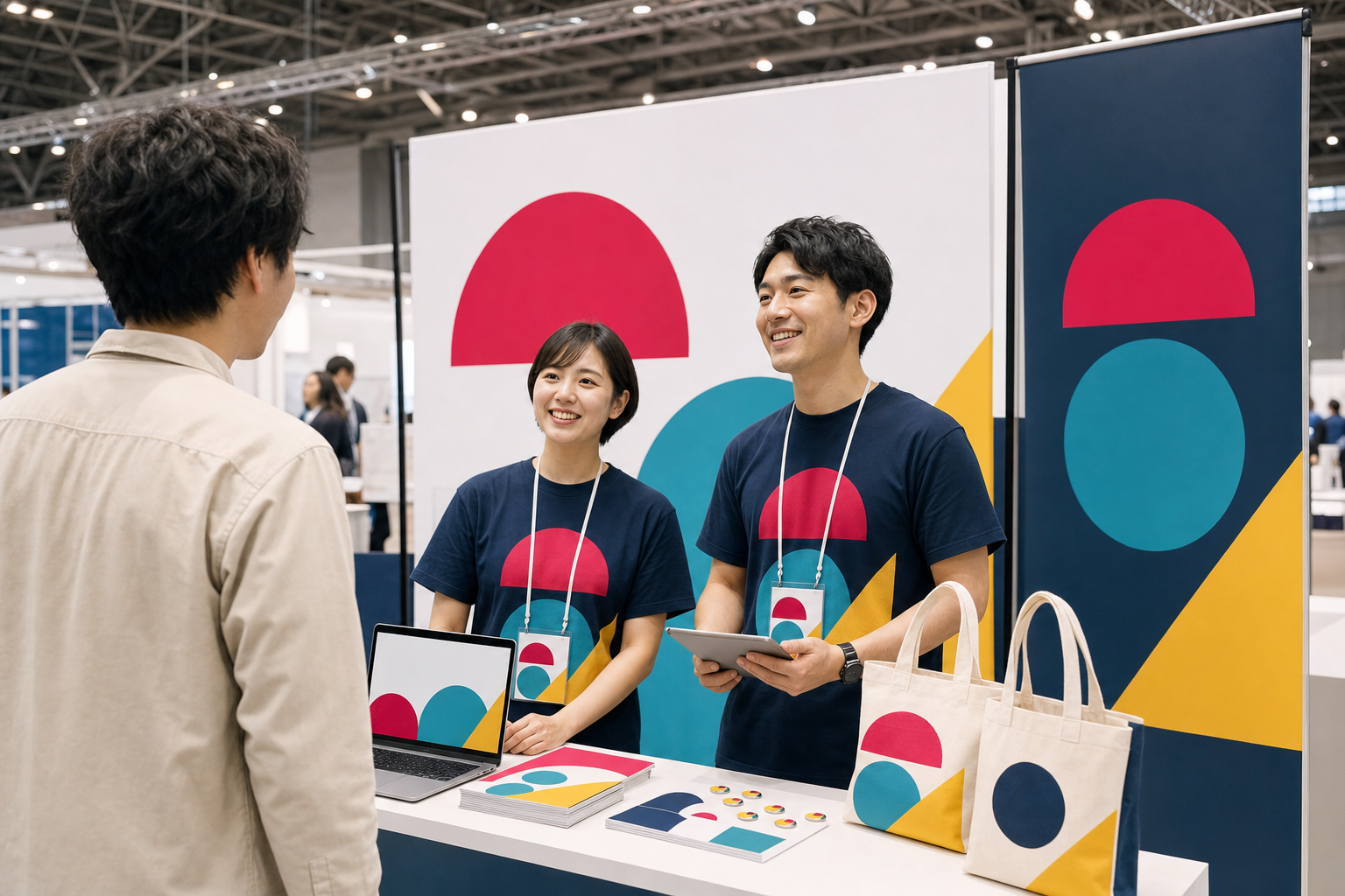 スタッフウェア、ブースサイン、ノベルティ、デジタル画面まで統一された展示会のブランディングイメージ