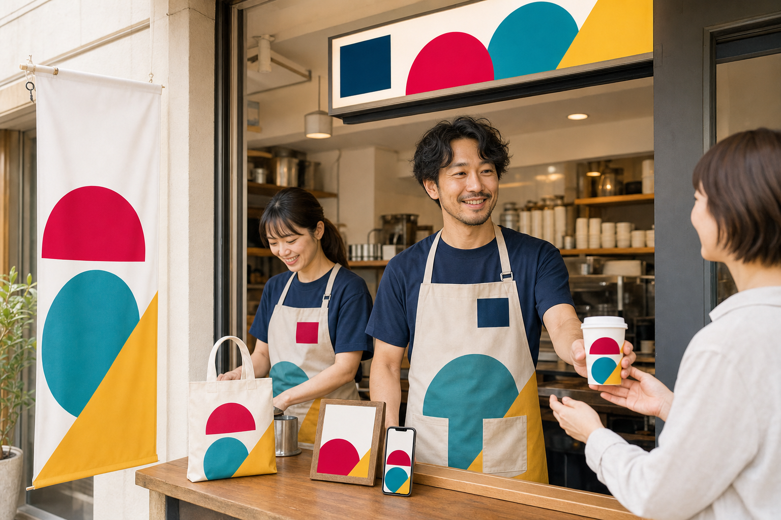 スタッフウェア、のぼり、店頭ツール、スマートフォンまで統一された飲食店のブランディングイメージ