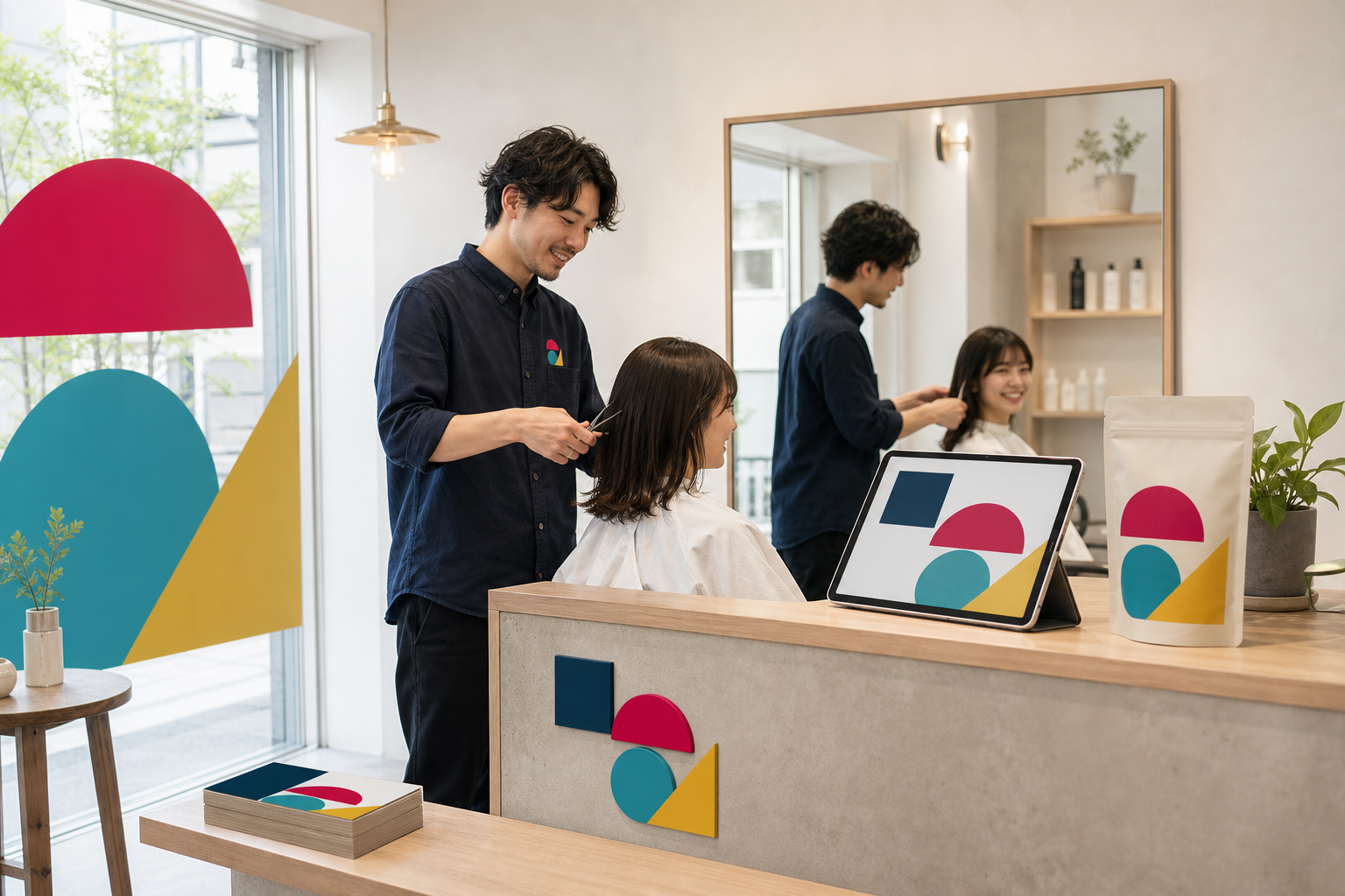 スタッフウェア、ショップカード、店内サイン、タブレットまで統一された美容室のブランディングイメージ