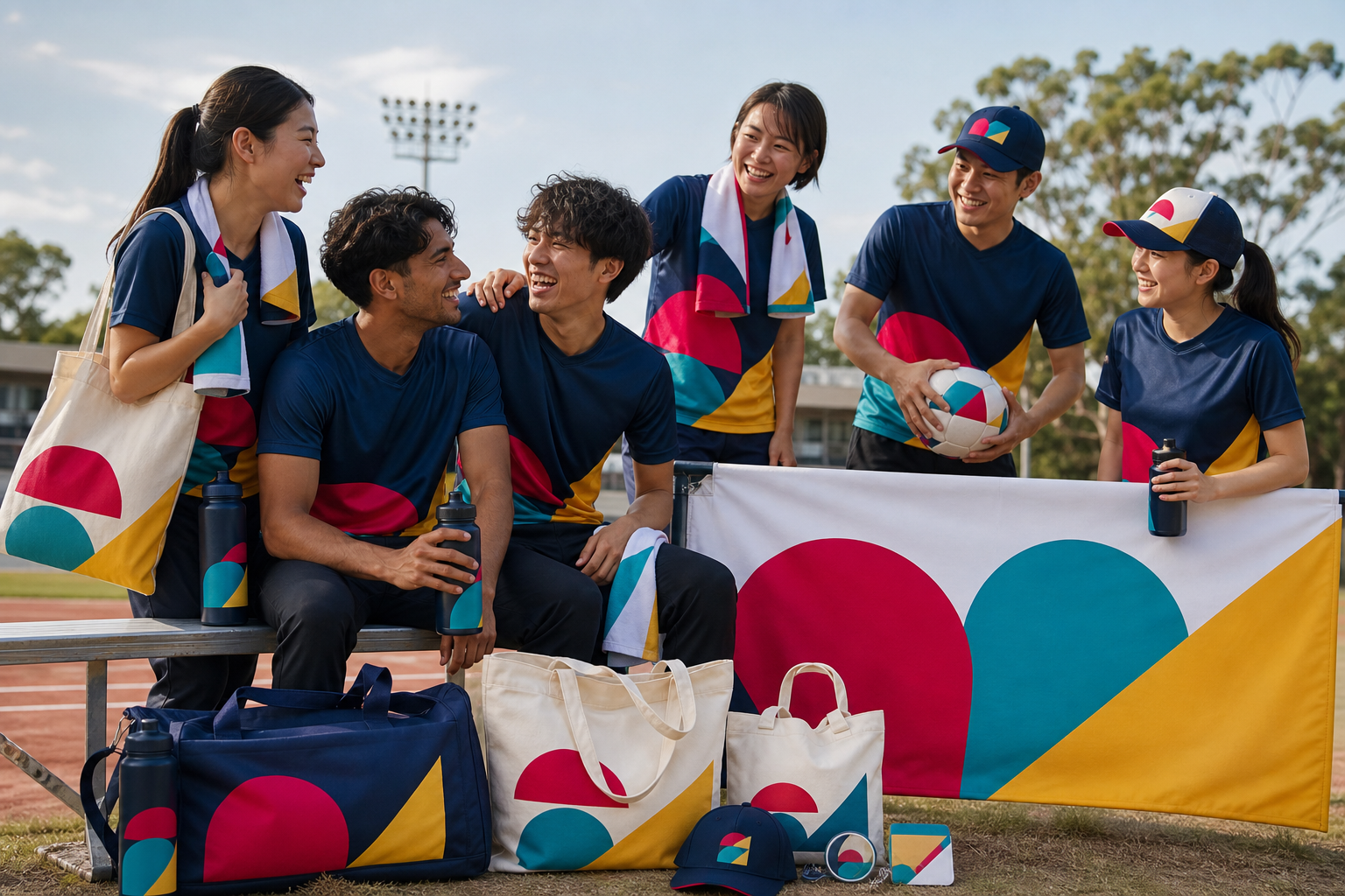 チームウェア、横断幕、タオル、バッグまで統一されたスポーツチームのブランディングイメージ